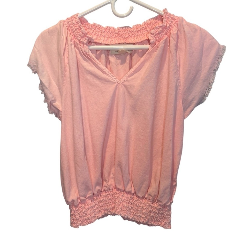 Cloth & Stone Pink Smocked V-Neck Blouse Frayed Cap Sleeve Top Small